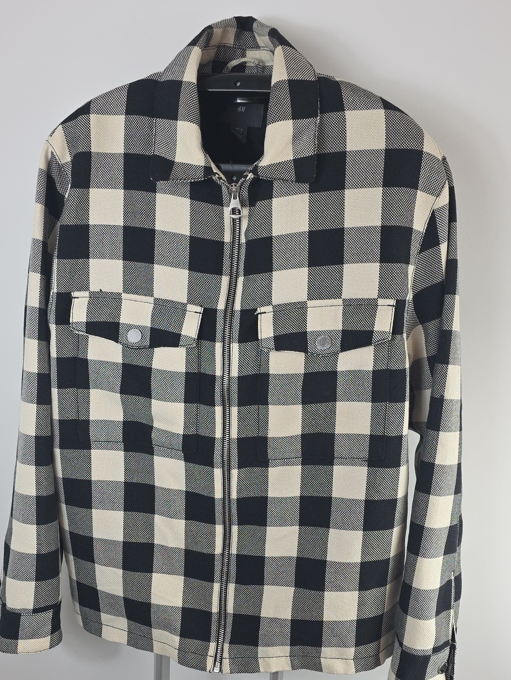H&M Black & Cream Buffalo Check Zip-Up Shirt Jacket